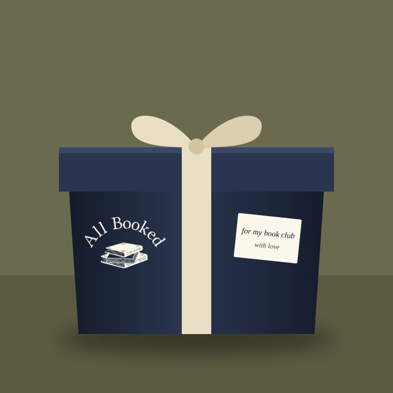 Navy All Booked gift box tied with a cream ribbon