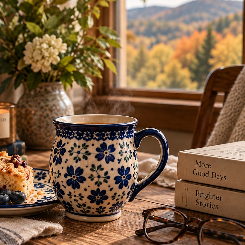 Blue and cream Polish pottery with coffee cake and books beside an autumn window
